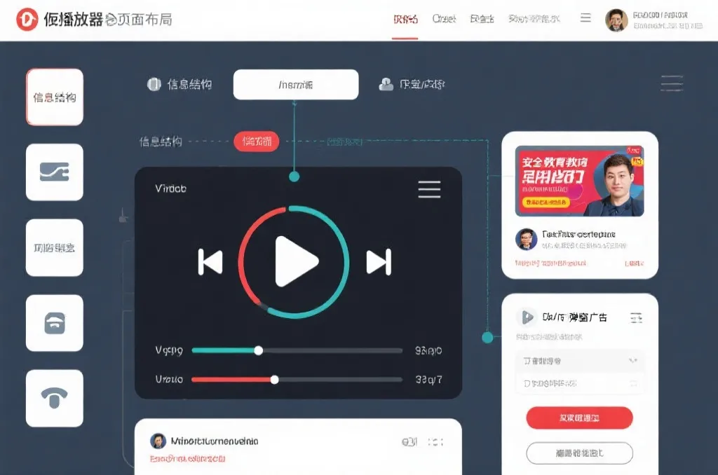 假播放器页面结构示意图，展示播放按钮、弹窗和下载诱导的典型布局
